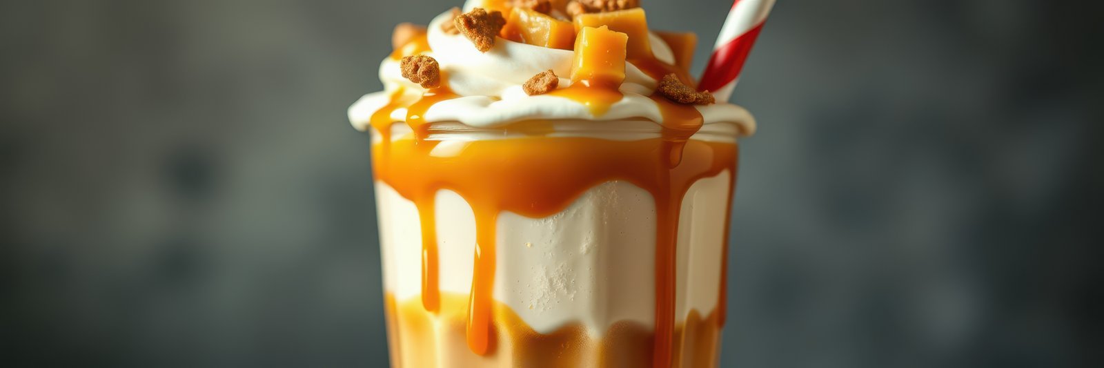 Delicious caramel sundae topped with whipped cream and crunchy bits in a glass container